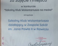 I MIEJSCE W KONKURSIE „SZKOLNY KLUB WOLONTARIUSZA NA MEDAL”